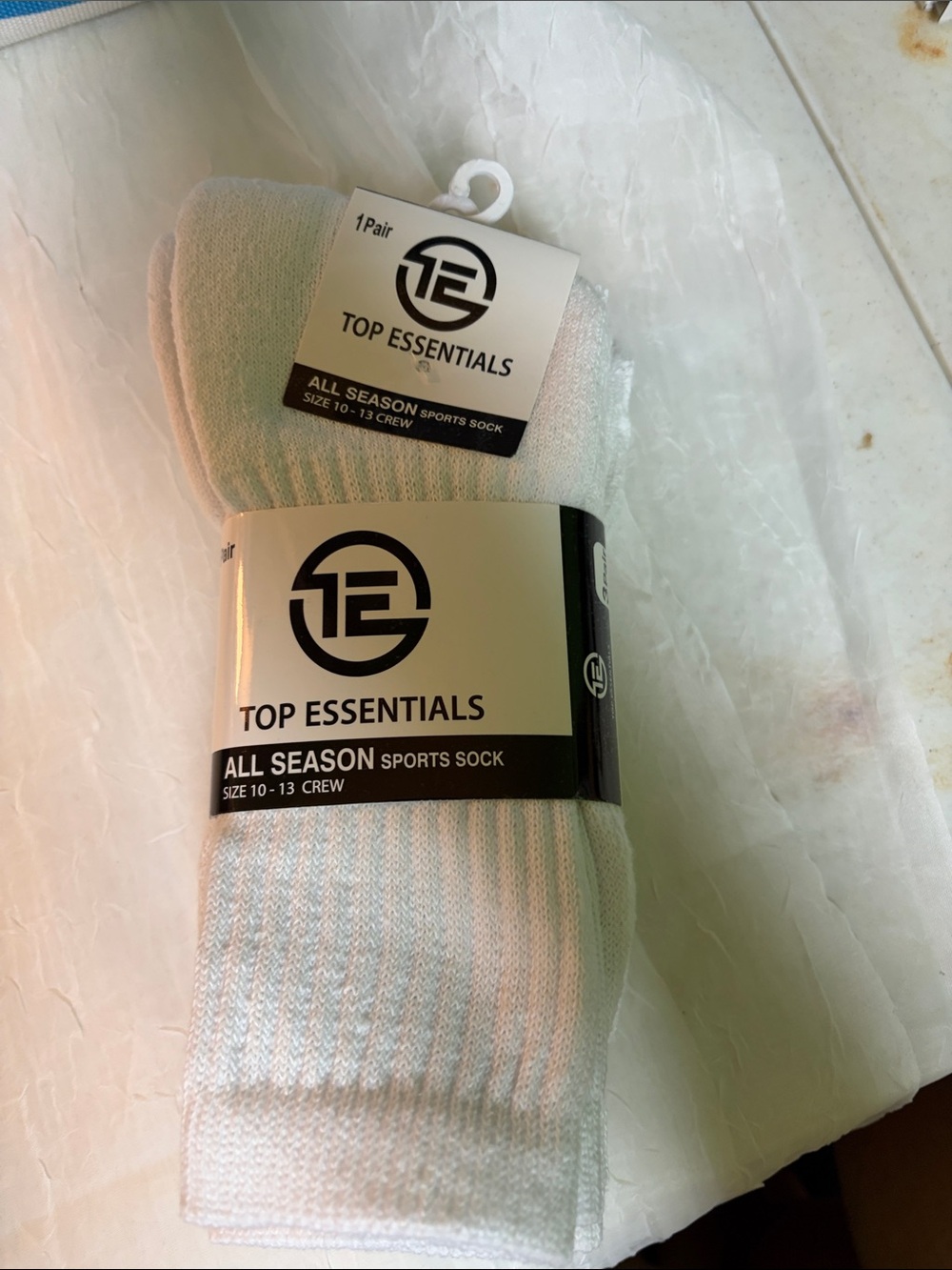 Essentials Men’s Crew Athletic Socks in White with Light Blue Stripes